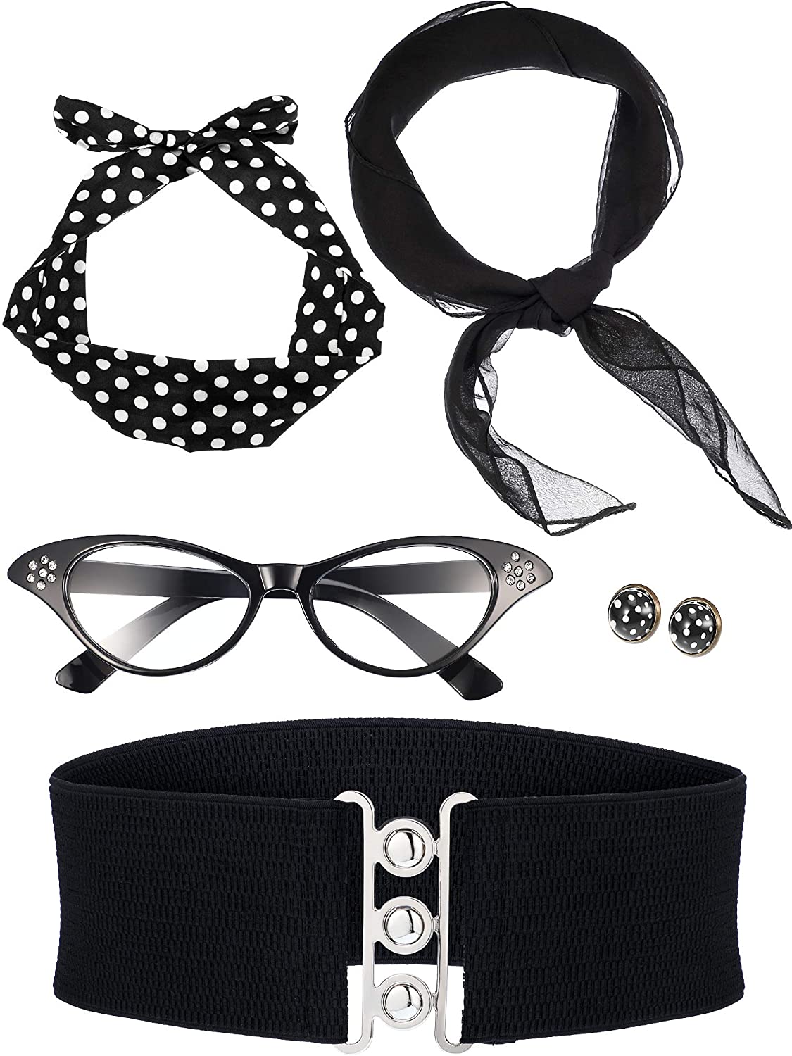 50's Costume Scarf Polka Dot Headband Earring Cat Eye Glasses Waistband
