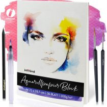 int!rend Watercolour paper 300 g DIN A4, 30 white glued watercolour paper sheets | Watercolour pad with three different brushes and a pencil | Watercolors, paintings, sketchbook
