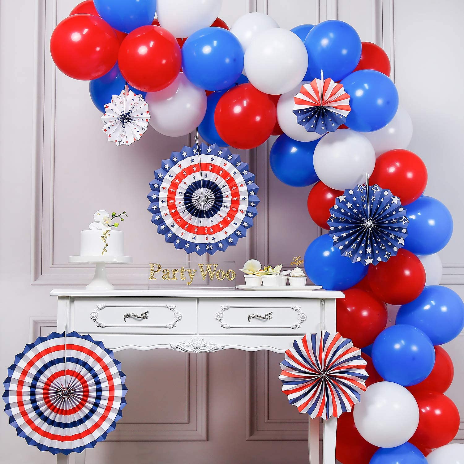 Spider Man USA Party PuTwo Red Blue and White Balloons 66 pcs 12 inch Red Balloons White Balloons Royal Blue Balloons for Captain America the Avenger Party including Paper Pom Poms 