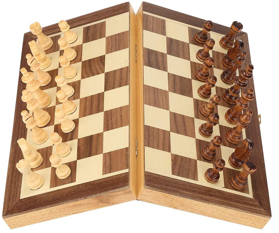 Wooden Magnetic Chess Set Folding Board Desktop Game and Storage Toy for Kids Beginners Adults