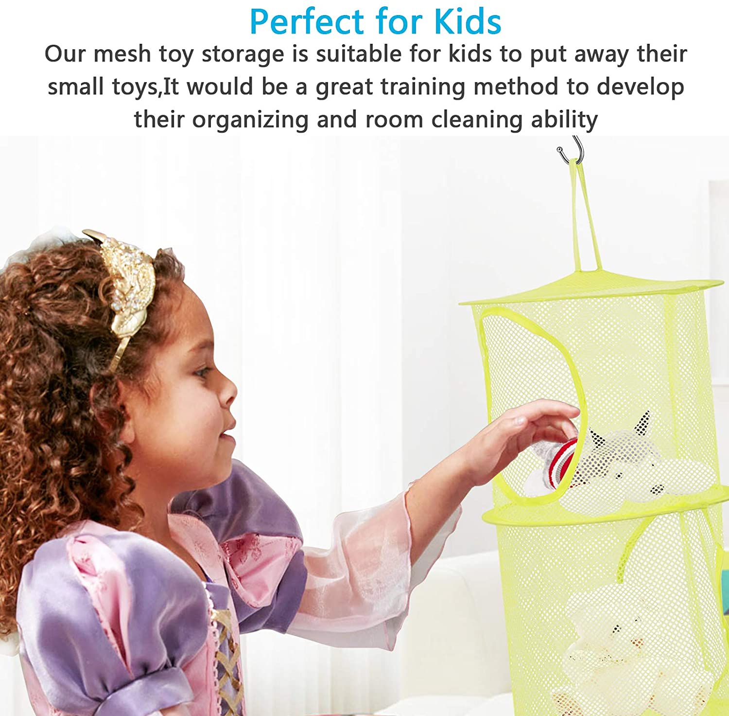 ZoomSky 3pcs Hanging Mesh Storage Basket Foldable Space Saving Toy Organizer with 3pcs S Hooks