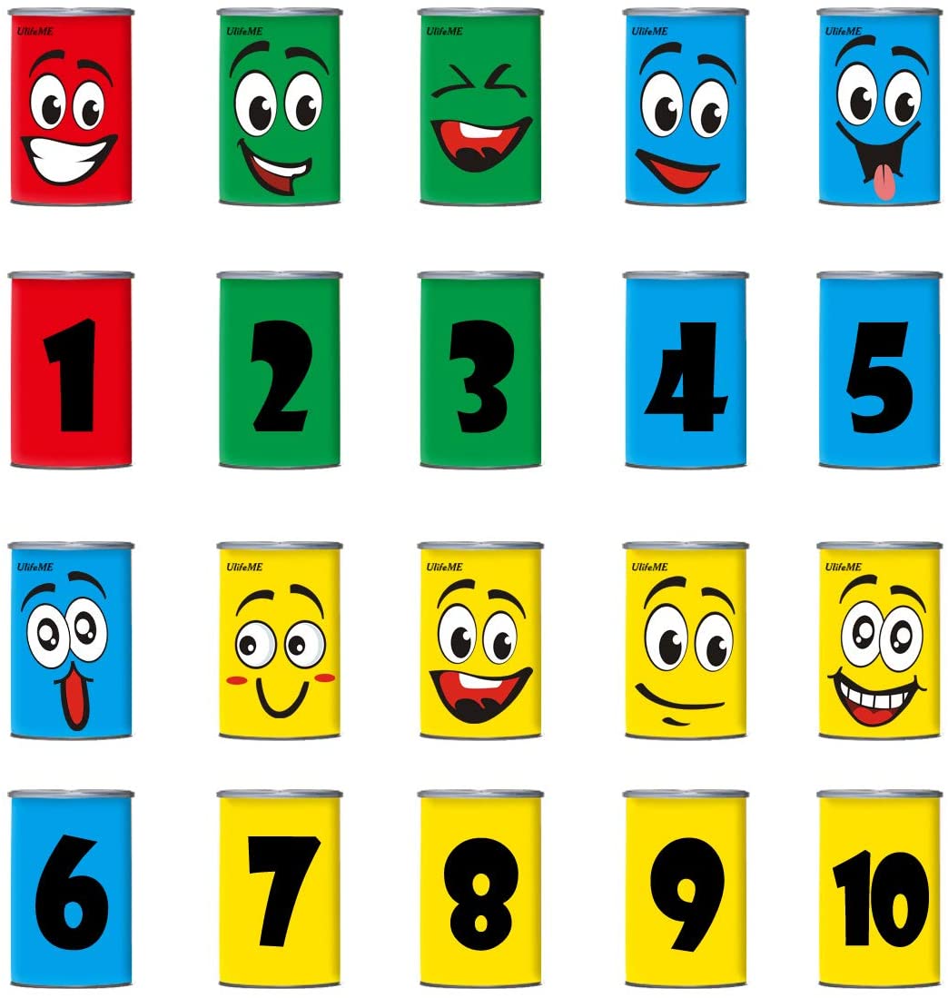 Ulifeme Tin Can Alley Game, Outdoor Garden Target Shooting Fairground Games for Kids & Children, Garden Party Toys Gift for Boys & Girls - 10pcs Fun Smile Knock Down Tin Cans and 3pcs Beanbags Packed - Image 2