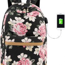 Preppy Korean Style Canvas Flower Floral Casual Daypacks College Student Satchels (Backpack with USB Charging Port Black)