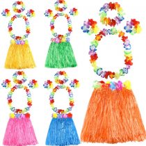 FEPITO Hawaiian Grass Hula Skirts Sets Include Flower Leis Necklace Headband Bracelets Luau Skirts for Kids Hawaii Costume Tropical Luau Birthday Party Supplies (5 Set)