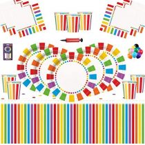 Rainbow Party Kids Birthday Decoration-Rainbow Plates Cups Napkins Table Covers Free 25 Balloons Candles Balloon Pump-16 Guests