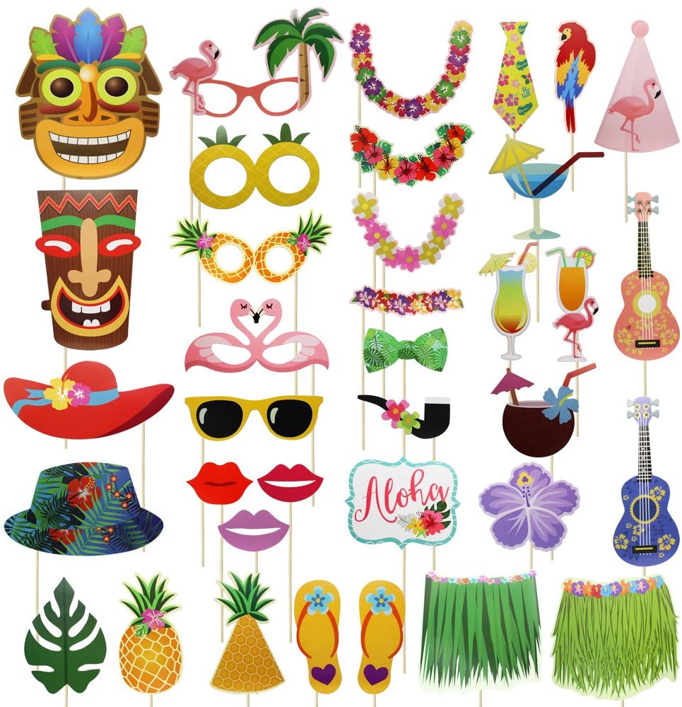 Summer Pool Party Luau Tropical Tiki Beach Vacation Dress-up Costume Accessories Decoration Selfie Props Celebration for Hawaii Seaside Meetory 36Pcs Hawaiian Photo Booth Props Kit 