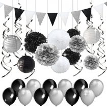 Black and Silver Party Decorations Tissue Paper Pom Poms Paper Lanterns Pennant Banner Swirls Pack for Birthday Party, Bachelorette, Retirement, Graduation Decorations
