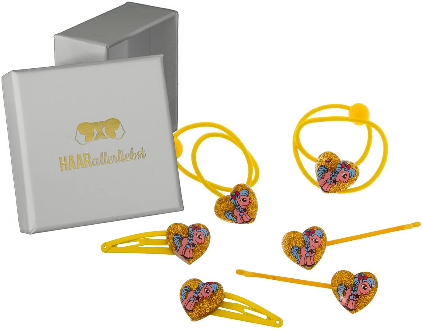 HAARallerliebst 6 Hair Bobbles Hair Accessory with Crystal Heart Design Hair Einhörnern. Available in White Box of Love