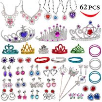 Jewelry Toy,62 Pieces Princess Pretend Jewelry Toy Playset,Assorted Jewelry Dress Up Toy Rings,Earrings,Necklaces,Crowns,Bracelets,Wands for Girls Birthday Gift,Princess Party Favors
