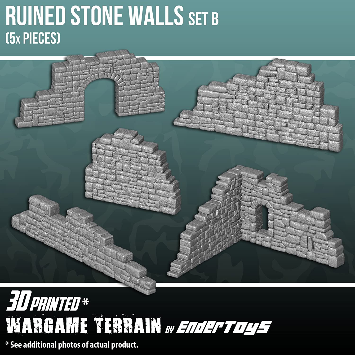 EnderToys Muros En Ruinas – Decorado De Batalla Impreso En 3D Para Miniaturas 28mm, 2 Piezas Listas Para Pintar