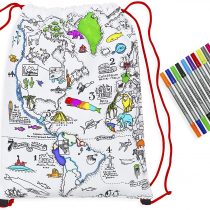 eatsleepdoodle World Map Drawstring Backpack - Colour Your Own Map Backpack - educational fun geography learning Colouring Backpack with Wash out felt tip fabric pens