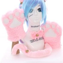 C-20&nbsp;3&nbsp;Pink Cats Tail Collar Gloves Ears Alice Band Set 5&nbsp;Pieces Lolita Maid Cosplay