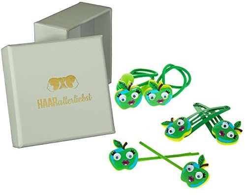 HAARallerliebst Hair Accessories Set (6 Pieces, Green Apples with Googly Eyes) for Children Including Storage Box (Box Colour: White)