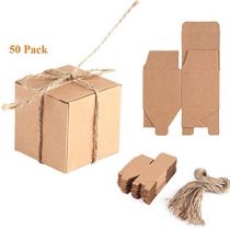 Yosoo 50Pcs Square Vintage Wedding Favours Boxes Sweets Gift Box Small Kraft Paper Boxes With Hemp Rope White Day Present for Wedding Favors Baby Shower Birthday Party Supplies