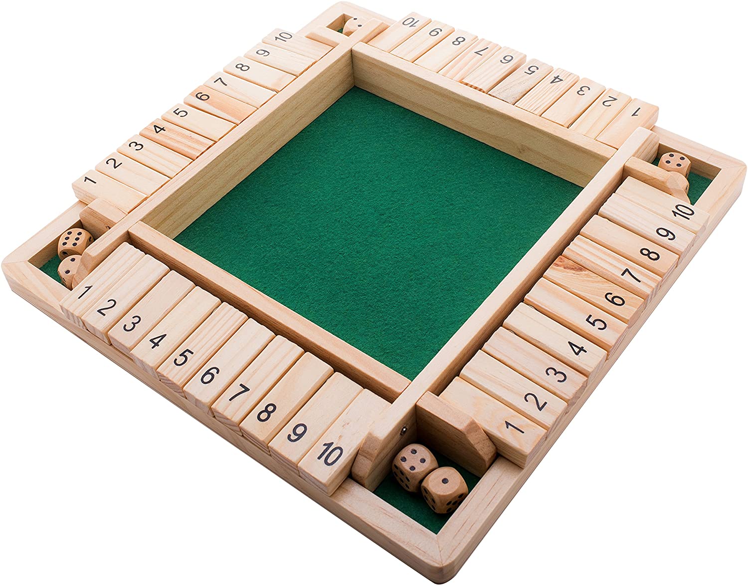 GrowUpSmart Shut the Box Dice Game (2-4 Players) for Clever Kids & Adults  [4 Sided Large Wooden Board Game, 8 Dice & Shut-the-Box Rules] Smart Game  for Learning Numbers, Strategy & Risk