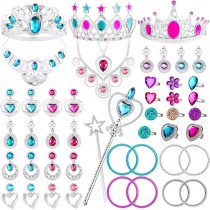 WATINC 46Pack Princess Pretend Jewelry Toy,Girl&rsquo;s Jewelry Dress Up Play Set,Included Crowns, Necklaces,Wands, Rings,Earrings and Bracelets,46 Pack
