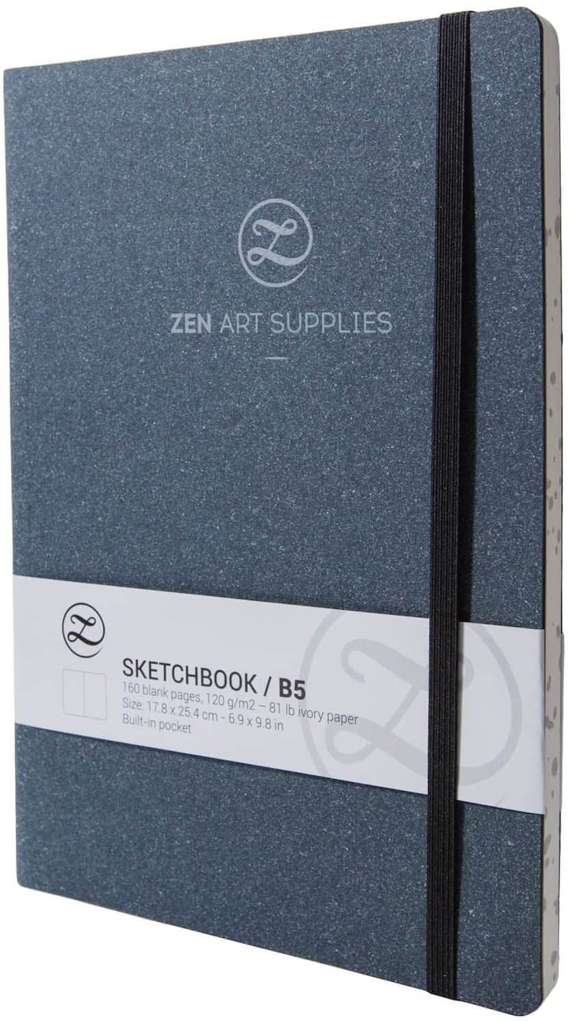 ZenART Leather Sketchbook Journal for Artists - 160 Blank Pages of 120 GSM Acid-Free Ivory Paper – B5 7 x 10-inch Lay Flat Biodegradable Pocket Book for Mixed Media Drawing and Ink