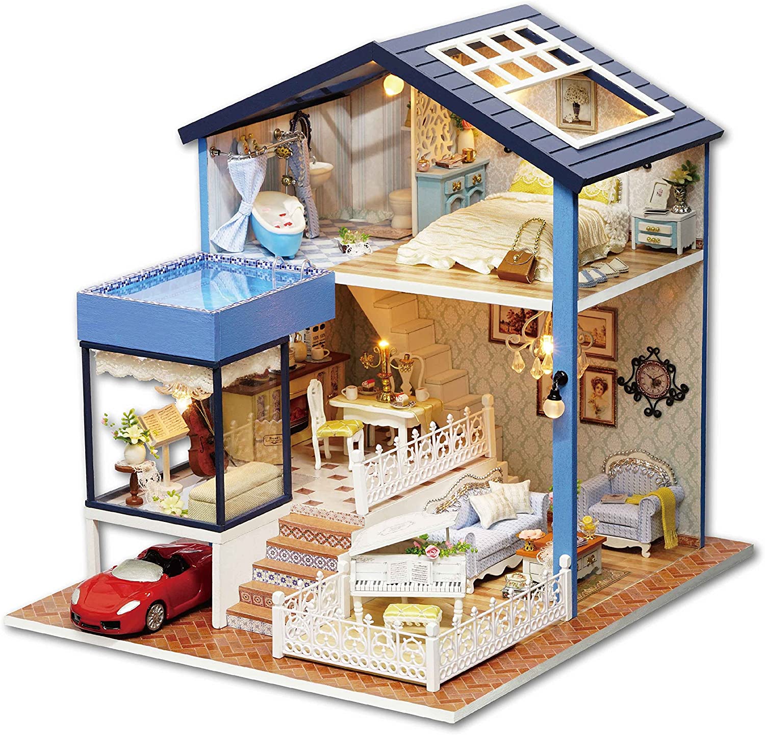 Rylai 3D Puzzles Wooden Miniature Dollhouse DIY Kit Light Seattle House