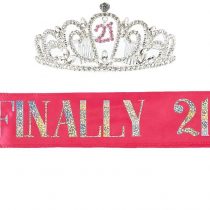 2-Piece Set of Birthday Girl Tiara and Birthday Sash - Rhinestone Crown with"Finally 21!" Polyester Sash Decoration for 21st Birthday Celebrations, Pink