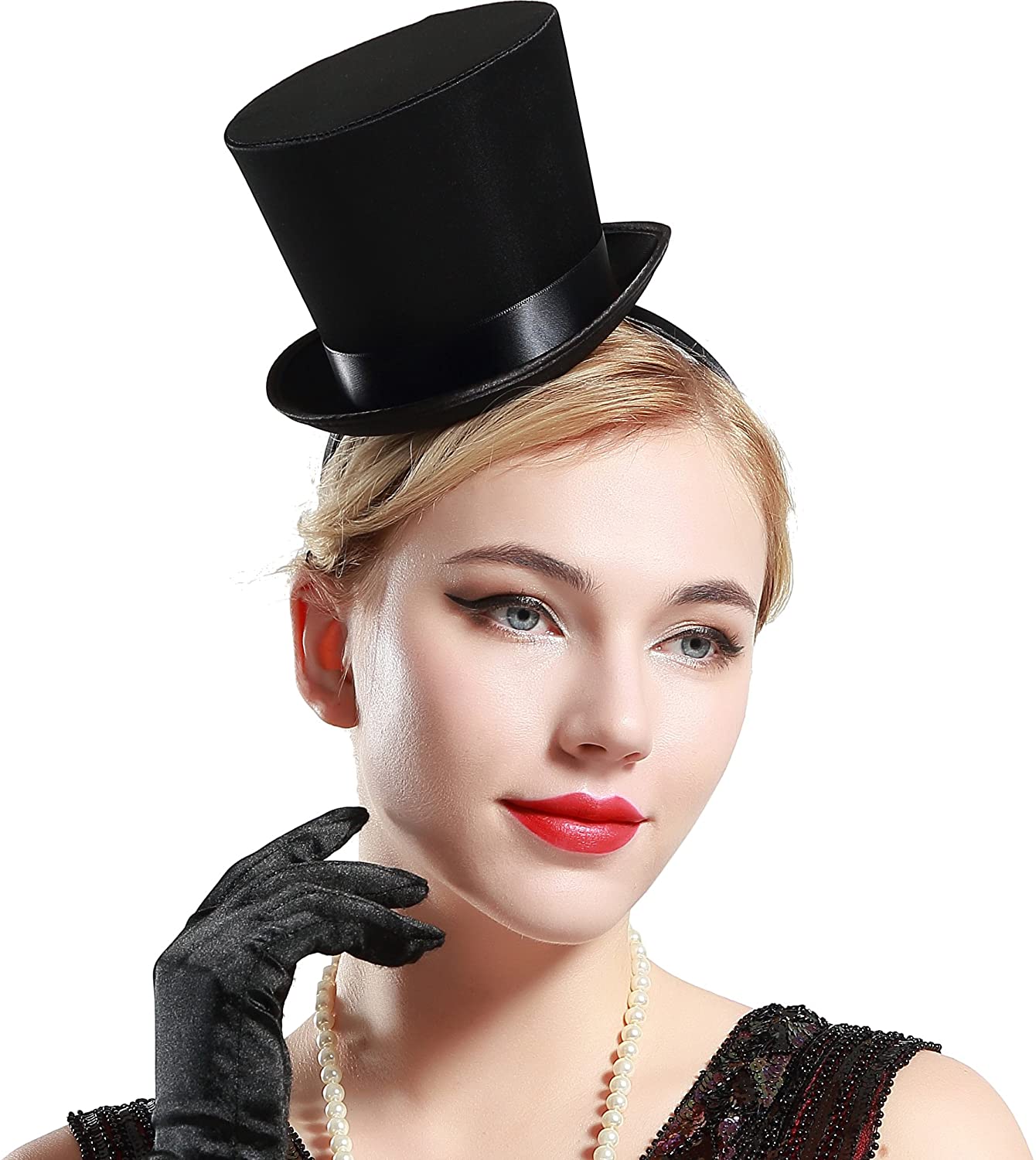 BABEYOND Vintage Black Mini Top Hat Headband Dress Up Costume Party Fancy Accessory with black 