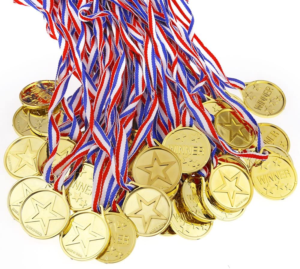 Caydo 100 Pieces Kids Childrens Gold Plastic Winner Award Medals