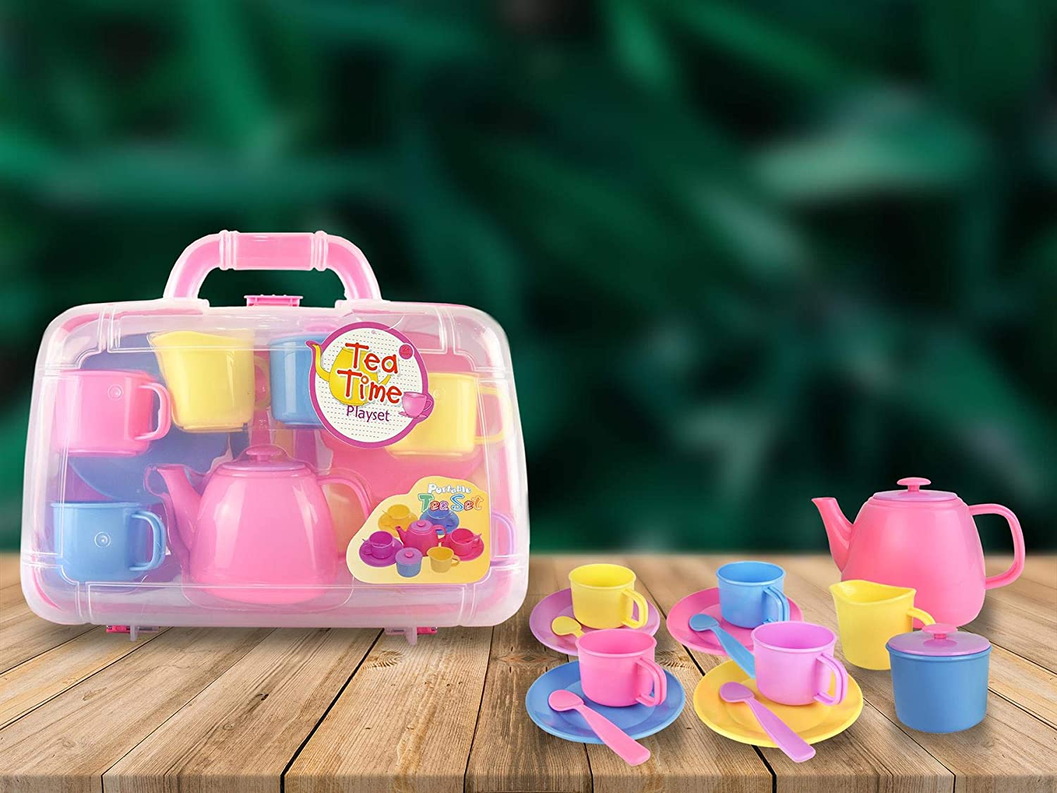 Vinsani® Childrens Kids 15 Piece Pink Portable Plastic Tea Set Includes Carry... 