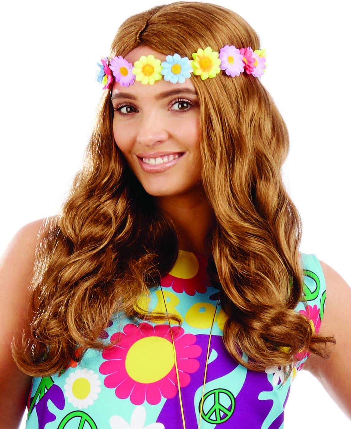 Fun Shack Womens Wavy Floral Hippie Wig Adults 70s Hippie Curly Hair ...