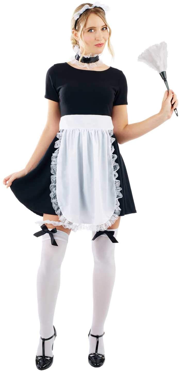 white frilled apron & a headband with white frill trim.SIZES THAT F...