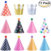 NUOLUX Birthday Party Cone Hats with Pom Poms ( 9 hats and 2 crowns)
