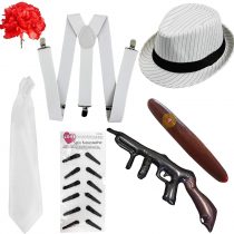 ADULTS 1920S GANGSTER ACCESSORY SET. 7 PIECE AL CAPONE FANCY DRESS KIT. 20S GANSTER FANCY DRESS ACCESSORY KIT. COLOUR: WHITE PINSTRIPE SET | SIZE: ONE SIZE