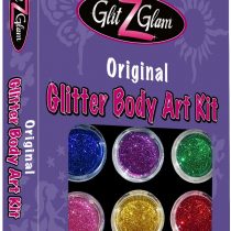 GlitZGlam Original Glitter Tattoo Kit and Temporary Tattoos - HYPOALLERGENIC and DERMATOLOGIST TESTED with 6 LARGE Glitters Pots, Large Body Adhesive, Large Stencils & 2 Cosmetic Brushes