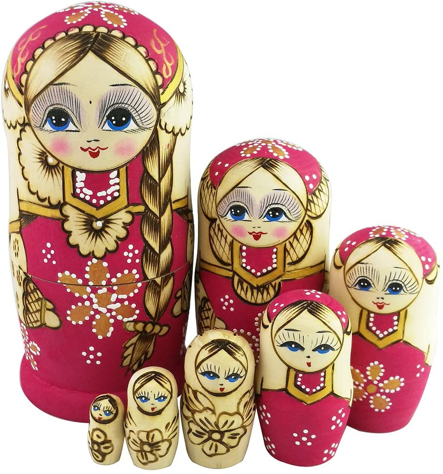 Winterworm Set 7 Pcs Long Braids Girl Pink Matryoshka Dolls Babushka Doll Traditional Russian Nesting Dolls Wooden Stacking Toy Kids Gift