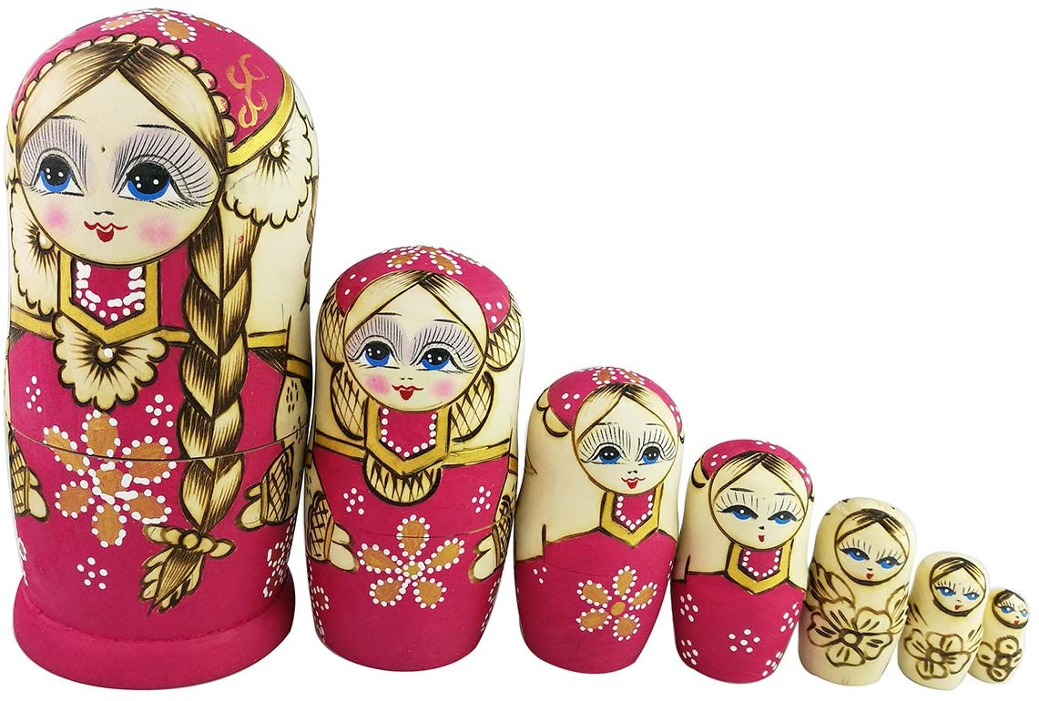 Winterworm Set 7 Pcs Long Braids Girl Pink Matryoshka Dolls Babushka Doll Traditional Russian Nesting Dolls Wooden Stacking Toy Kids Gift - Image 2