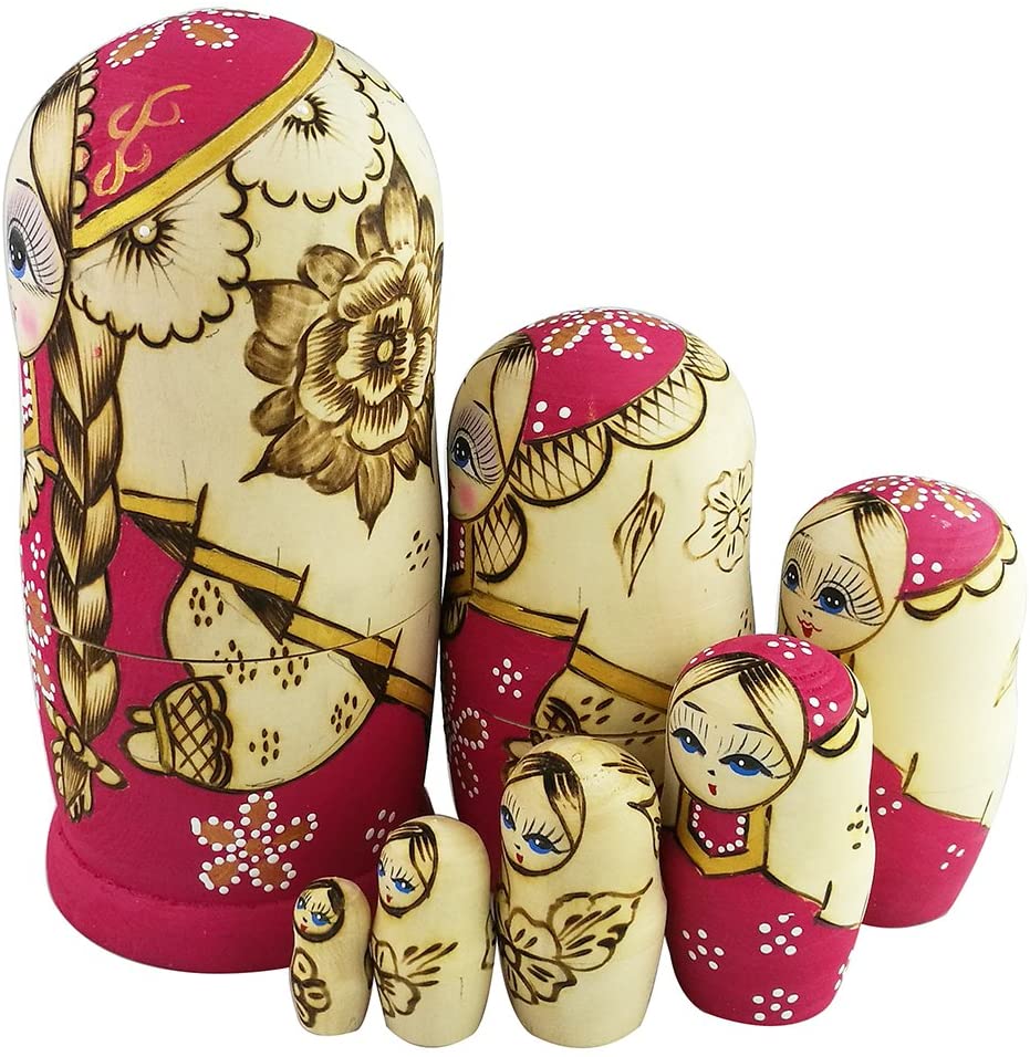Winterworm Set 7 Pcs Long Braids Girl Pink Matryoshka Dolls Babushka Doll Traditional Russian Nesting Dolls Wooden Stacking Toy Kids Gift - Image 3
