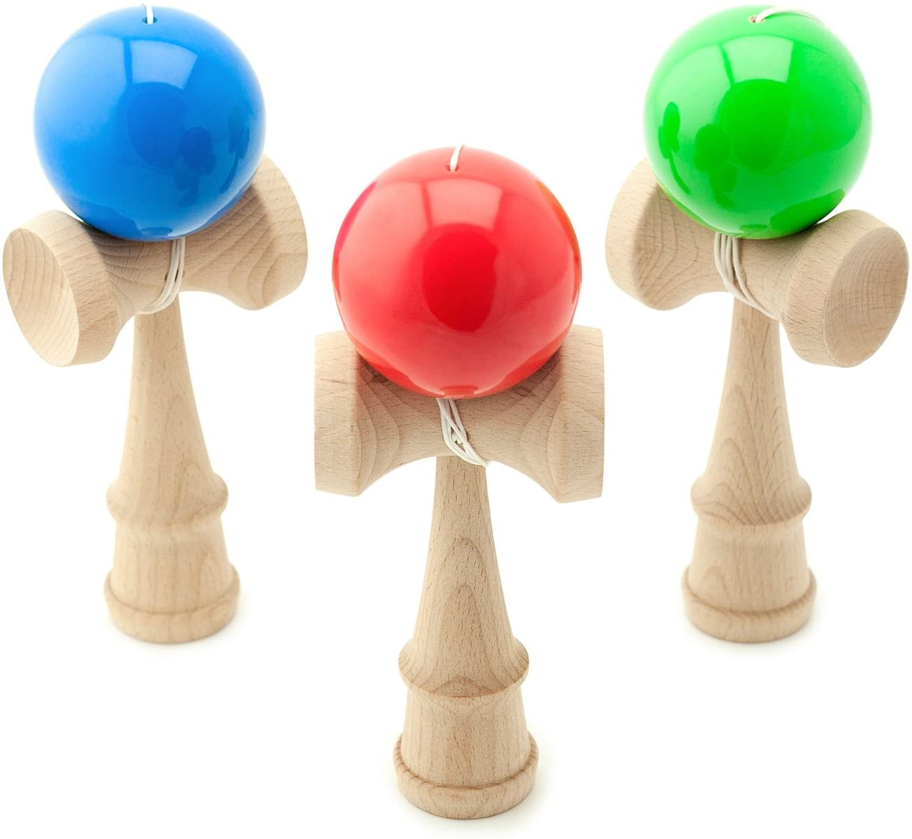 Kendama skill game with blue ball Wooden toy Wooden ball game Japanese dexterity game from the
