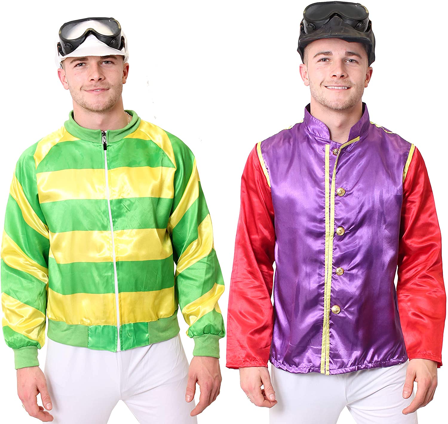 MENS JOCKEY COSTUME GREEN & YELLOW STRIPED ZIPUP JACKET + WHITE