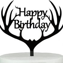 LOVENJOY Gift Boxed Antler Happy Birthday Cake Topper Black, Frosted Acrylic