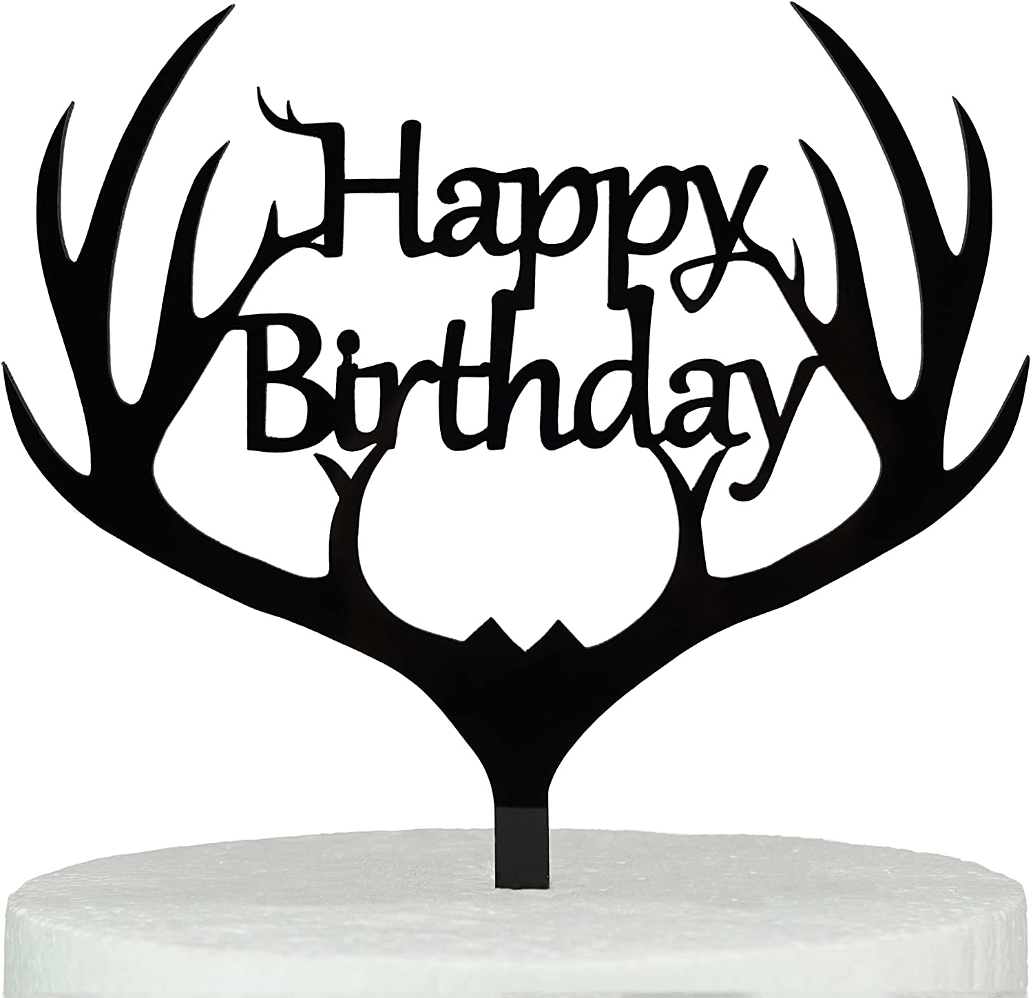 LOVENJOY Gift Boxed Antler Happy Birthday Cake Topper Black, Frosted Acrylic