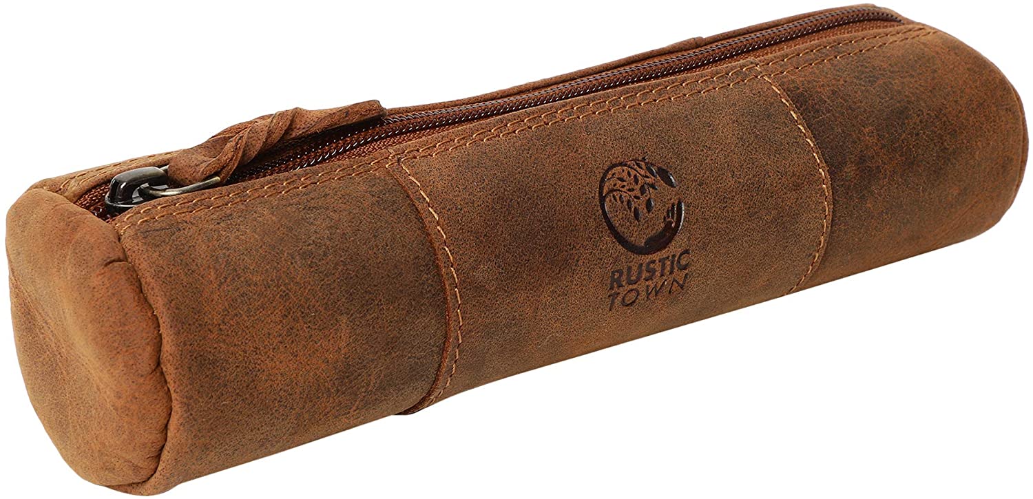 Rustic Town Leather Pencil Case - Handmade Zippered Pen Pouch for School,  Work & Office