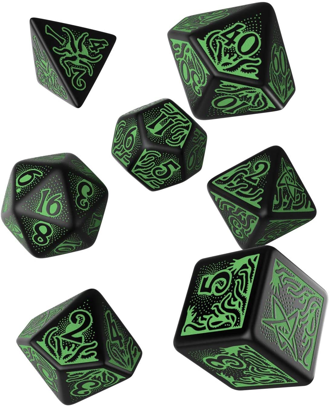 Q-Workshop Set De 7 Dados Para La Llamada De Cthulhu – Dados De Rol Con Diseño Oscuro Y Verde, Fabricados En Polonia