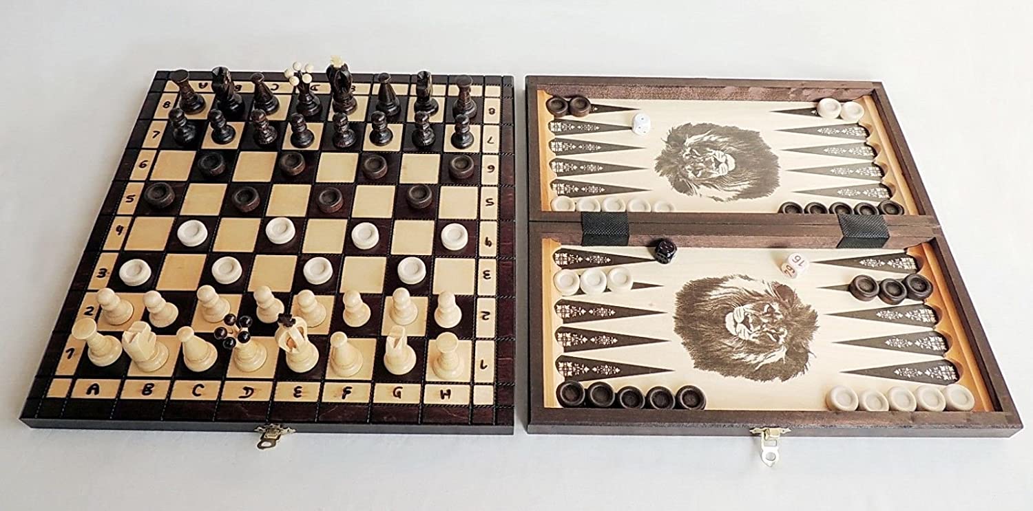 3 in 1 - Wooden Chess Backgammon Draughts SET - MEDIUM