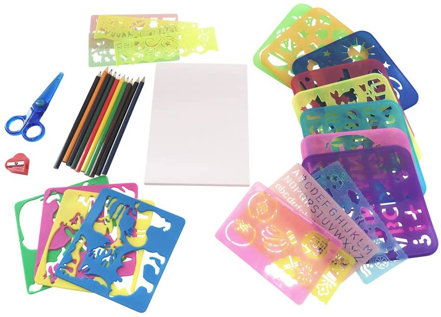 EAST-WEST Trading GmbH 34 pcs Stencil Set for Kids – Includes 20 Stencils,  10 color pencils, 50 sheets A5 paper, craft scissors, sharpener in  practical carry bag – TopToy