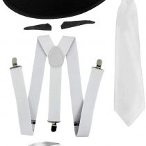 ADULTS GANGSTER SET FANCY DRESS ACCESSORY COSTUME KIT - WHITE BRACES + WHITE TIE + SPIV TASH + SPATS + BLACK TRILBY FEDORA HAT - PERFECT FOR FANCY DRESS PARTIES