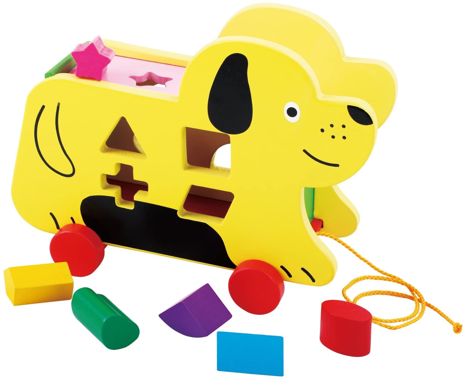 TOWO Wooden Pull Along Dog with Shape Sorter Wooden Pull Along Puppy