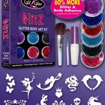 GlitZGlam Glitter Tattoo Kit New with 6 LARGE Glitters Pots, Large Body Adhesive, Large Stencils & 2 Cosmetic Brushes for glitter tattoos / kids tattoos. HYPOALLERGENIC and DERMATOLOGIST TESTED!