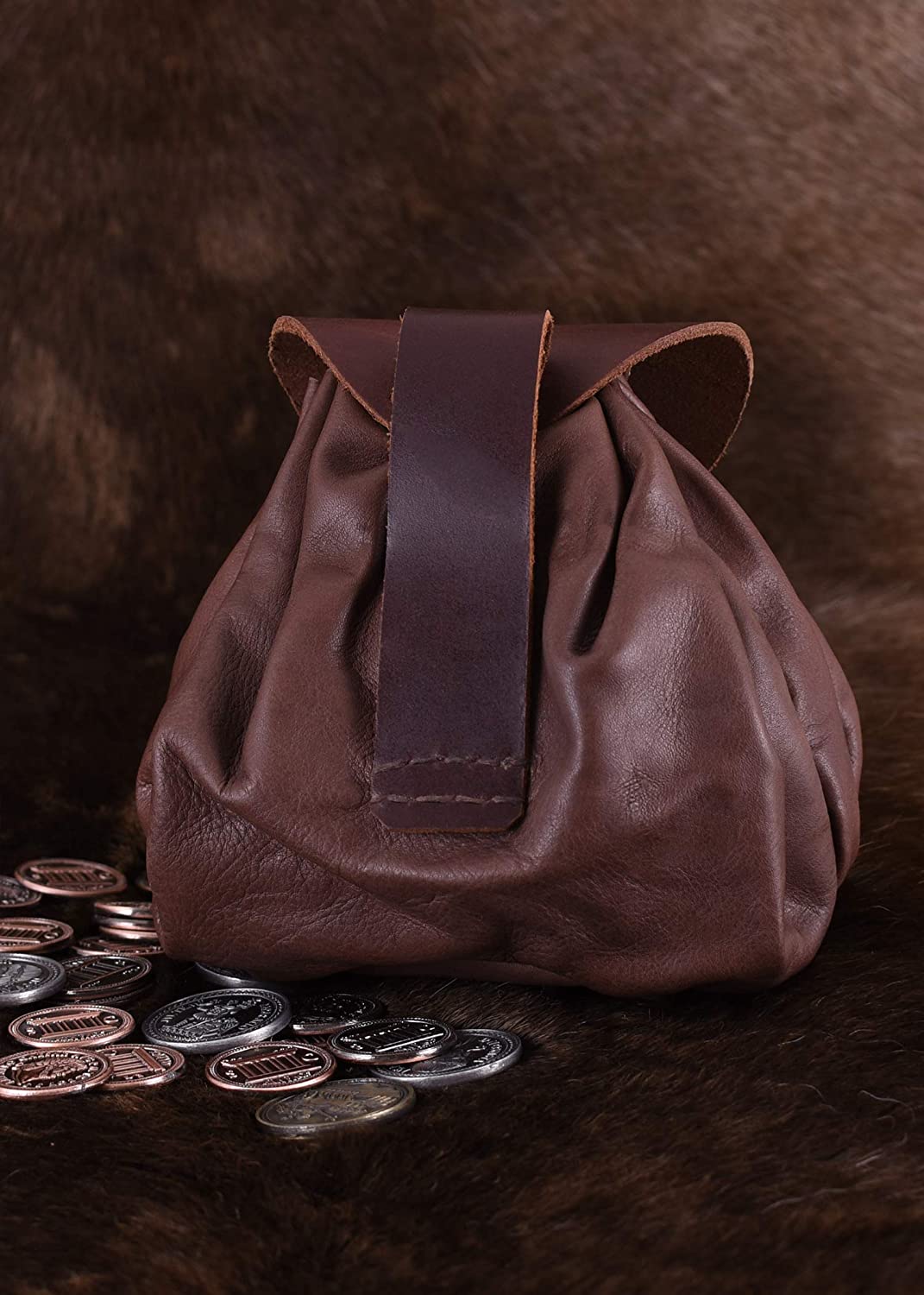 Unbekannt Wallet with Horn Button, Dark Brown Leather Bag, Large ...