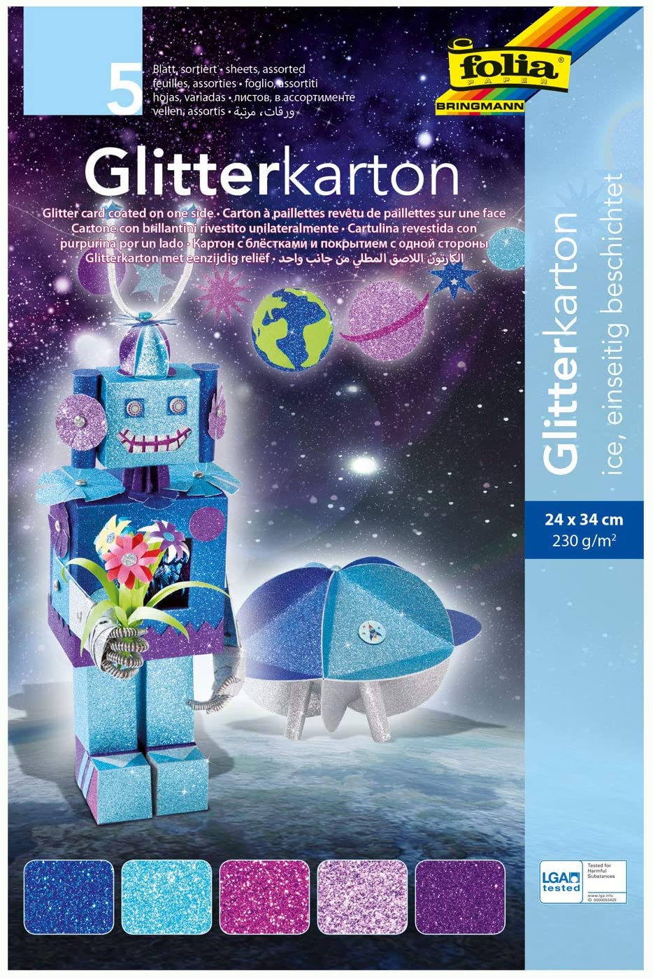 Folia 85249 Card Glitter Ice, 24 x 34 cm 5 Sheets, Assorted