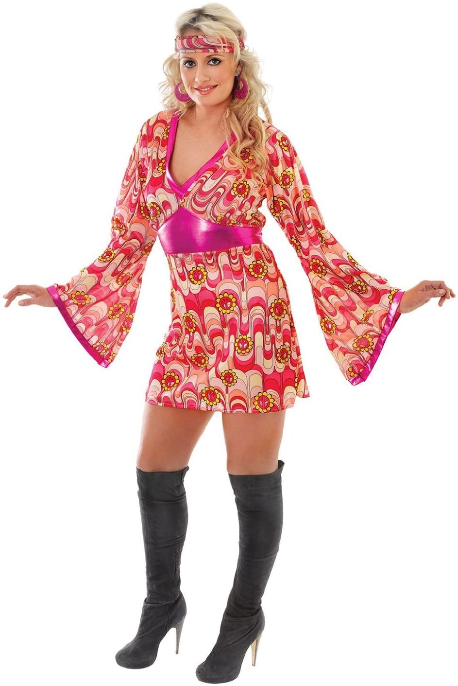 60s 70s Fancy Dress Costume Flower Power Hippie Hippy Retro GoGo 