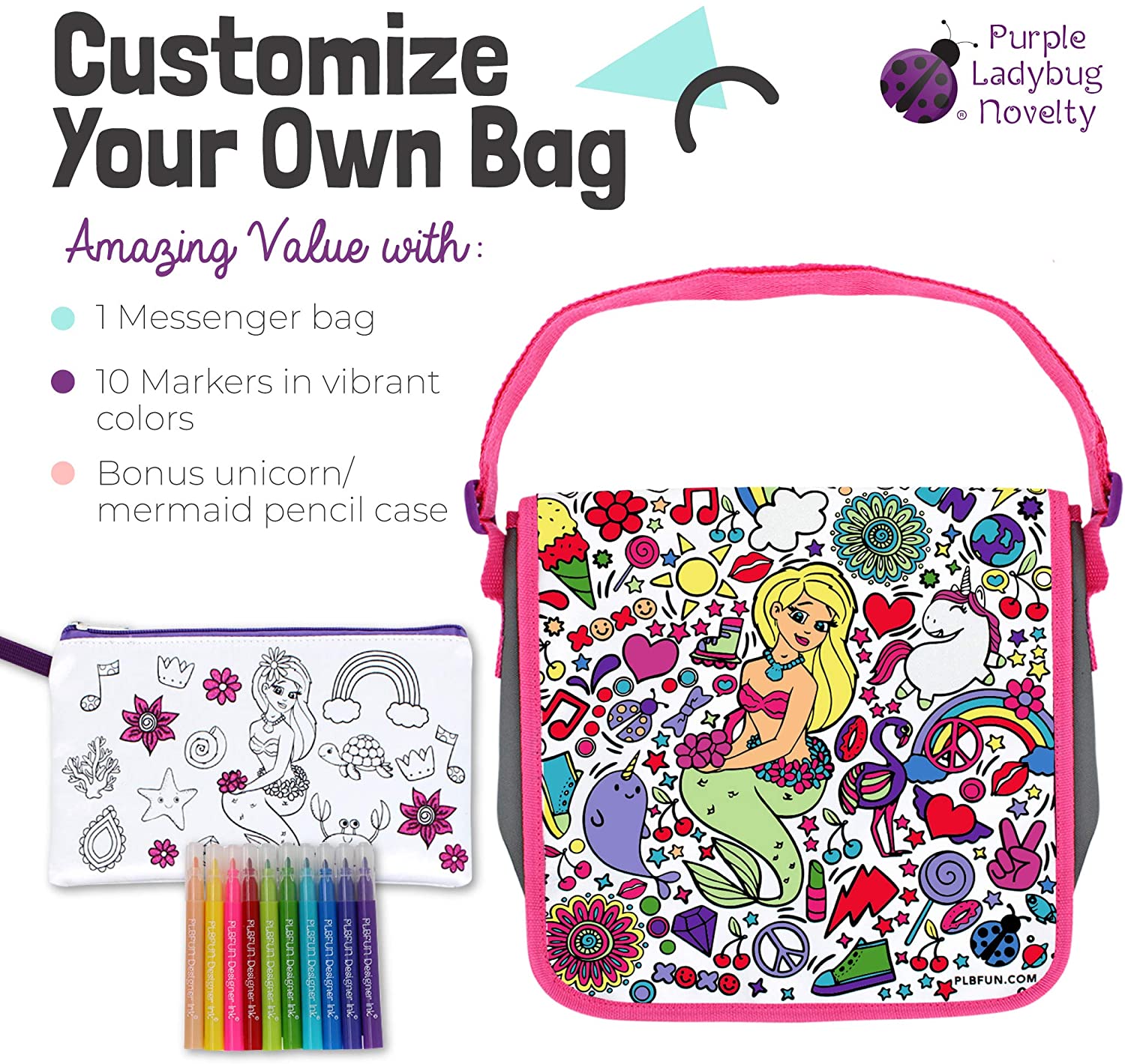 Purple Ladybug Colour Your Own Messenger Bag For Girls with 10 Bright  Markers Plus a Bonus Pencil Case! Fun Arts and Crafts Activity Kit for Kids,  Cool Present for Girl, Creative Art